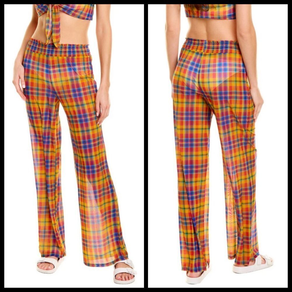💕WEWOREWHAT💕 Plaid Print Smocked Mesh Pants ~ Swimsuit Coverup Large L NWT